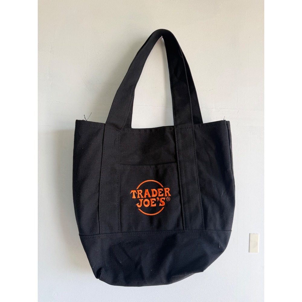 Trader Joe's Mini Canvas Tote Bag Black Orange Embroidered Logo Small Handbag